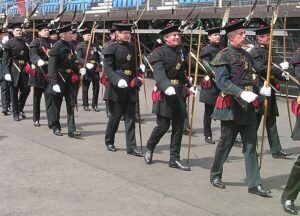 A royal company of Scottish men in uniform. A royal company of Scottish men in uniform.