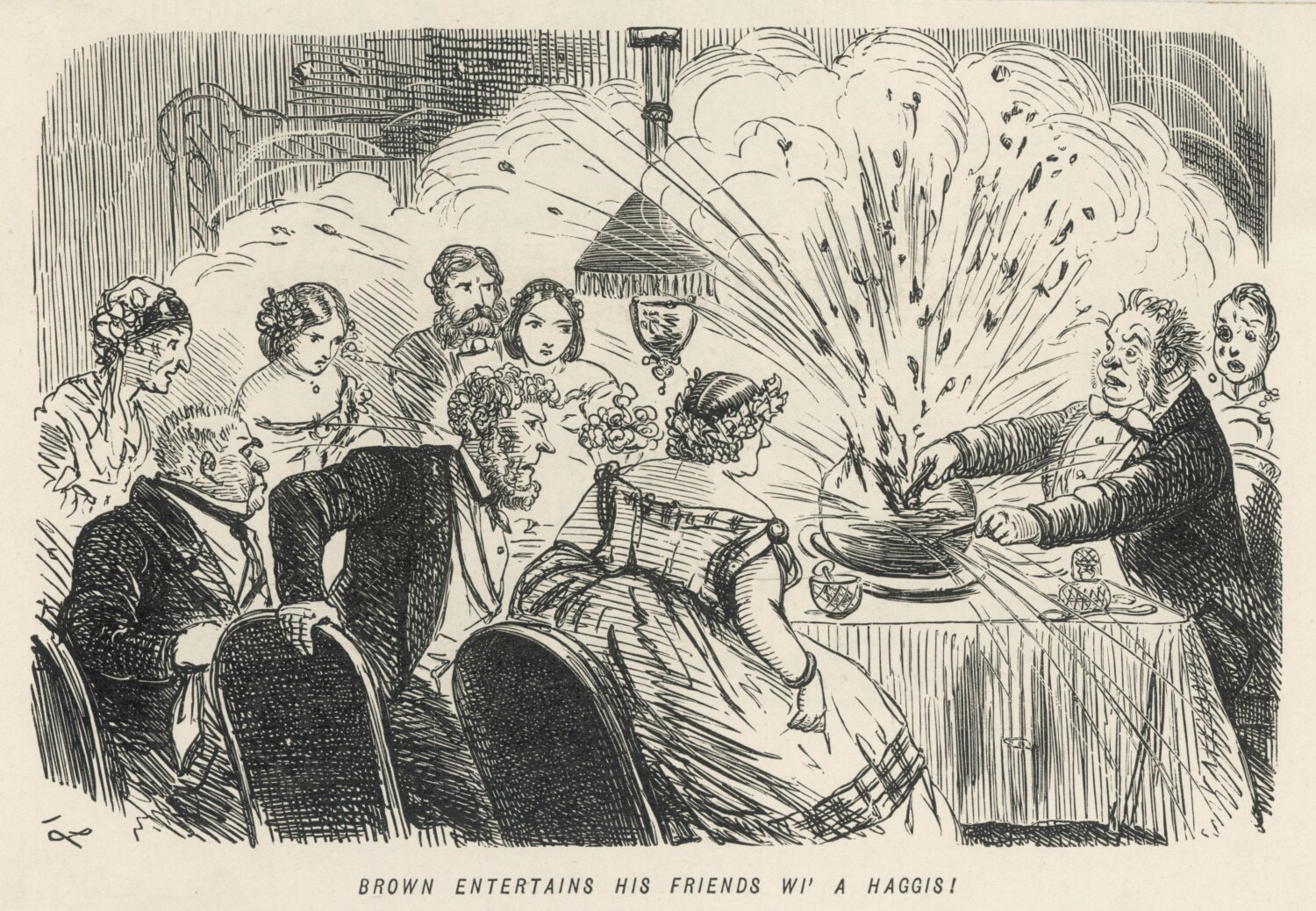 A hstorical drawsing of Haggis being served at a party A hstorical drawsing of Haggis being served at a party