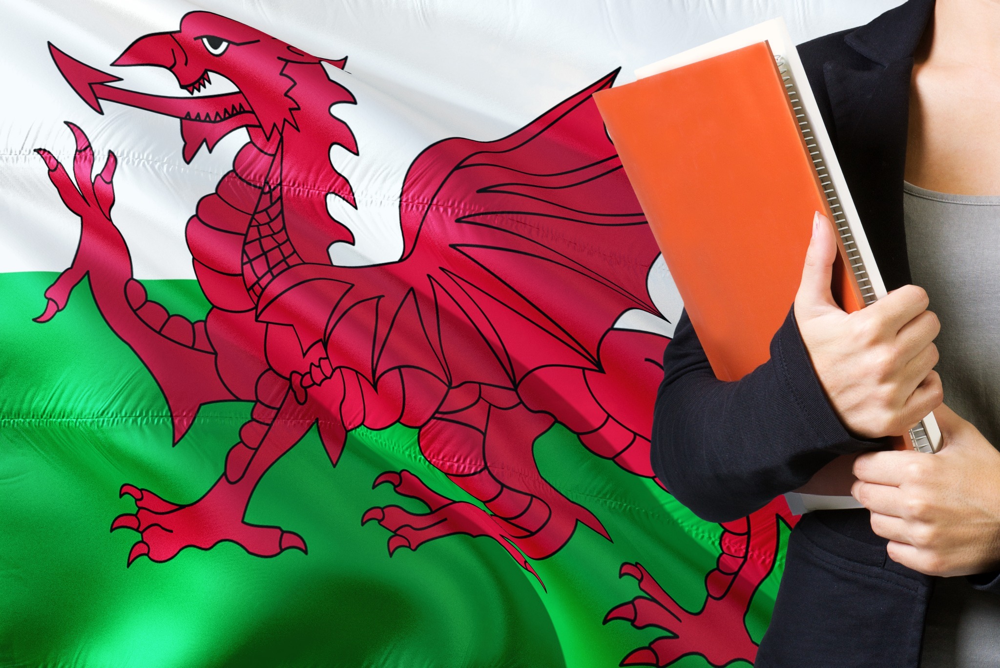 A woman holding a large notebook in front of a large Welsh flag A woman holding a large notebook in front of a large Welsh flag