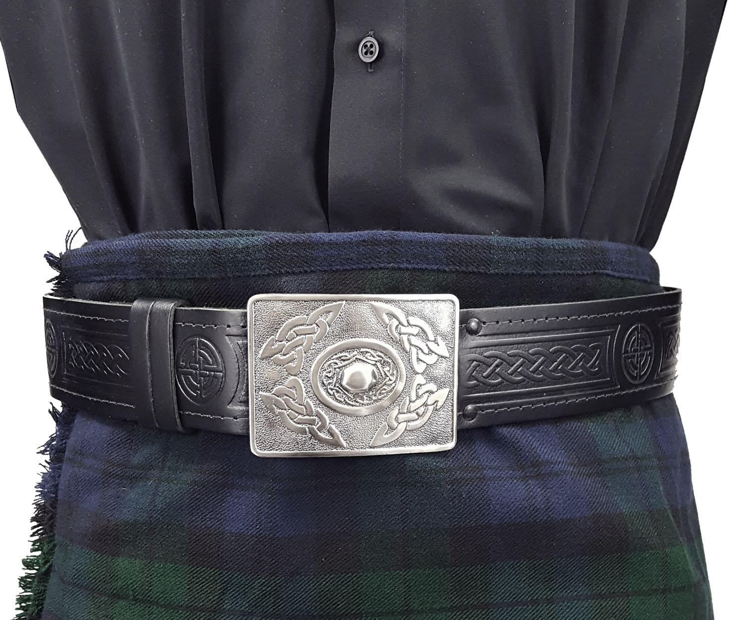 CC Kilt Belt with Buckle Celtic Knot Thistle Embossed Real Leather Belts Black 