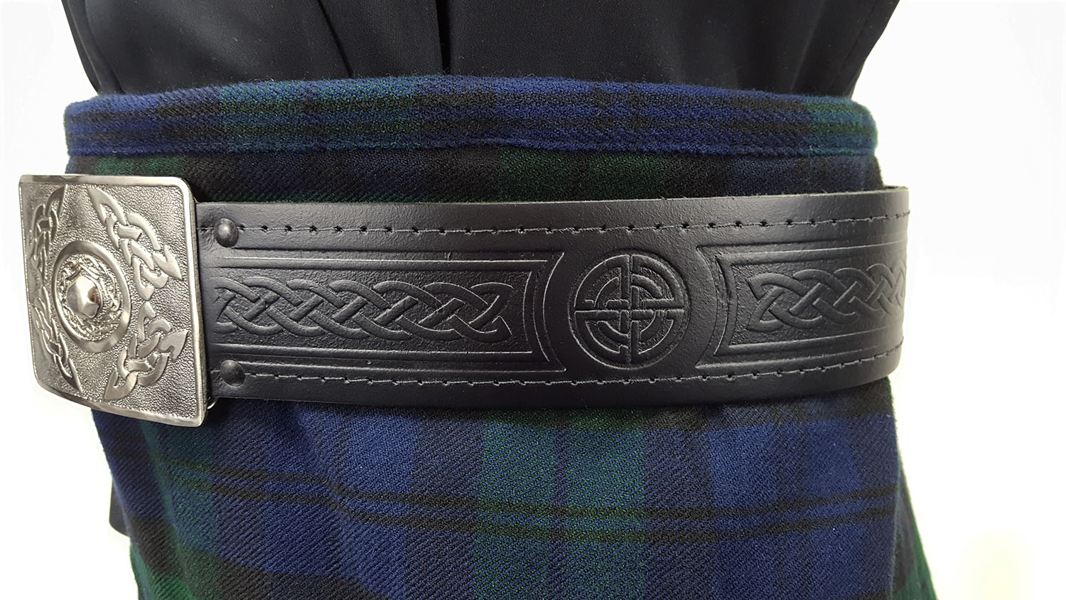 Men's Scottish Black Leather Kilt Belt With Celtic Embossed On Front Side 