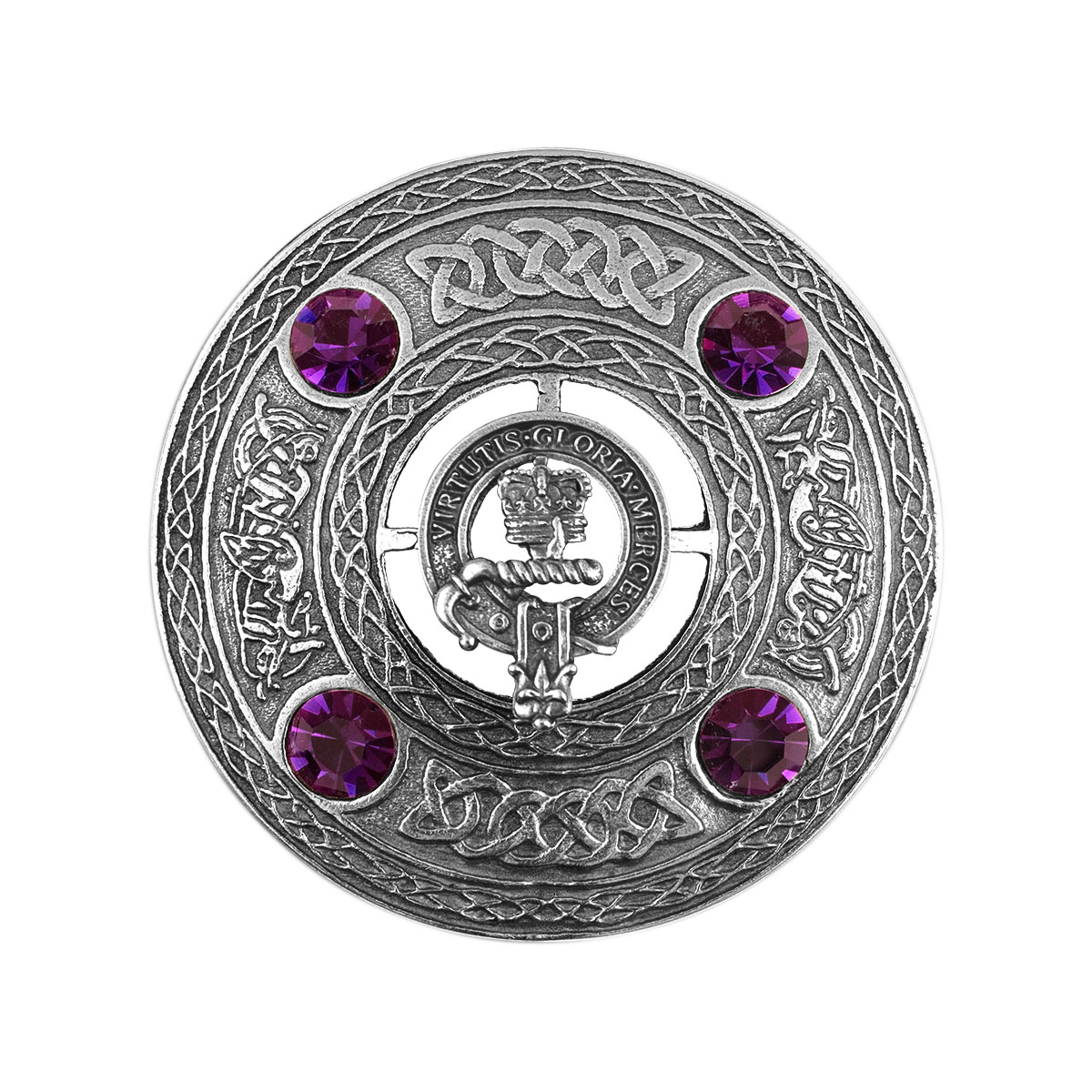 Scottish Fly Plaid Brooch Purple Stone Antique Serpents Celtic Knot Kilt Pin 4"