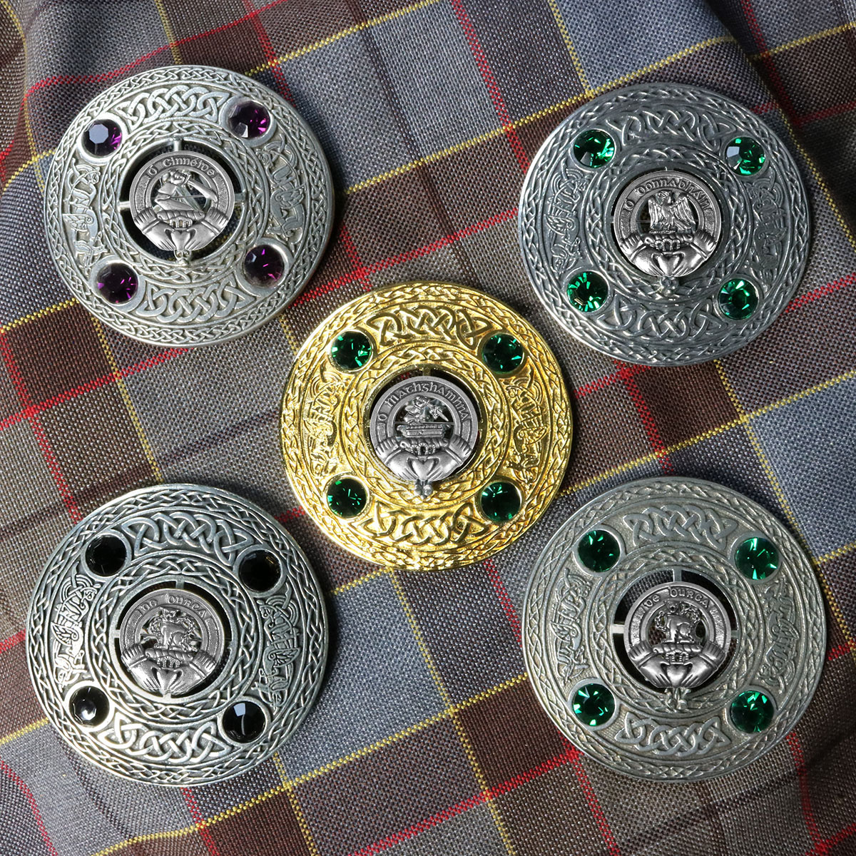 Scottish Kilt Fly Plaid Brooch Green  5 Stones Antique Celtic Pin & Brooch 