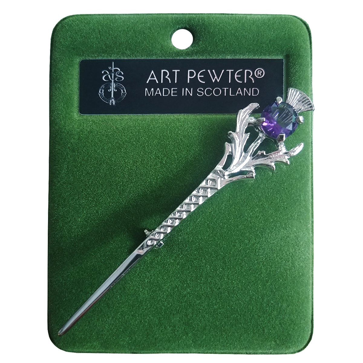 Miracle KILT PIN PEWTER SWORD THISTLE FAUX AMETHYST STONE ORNATE MADE IN THE UK 