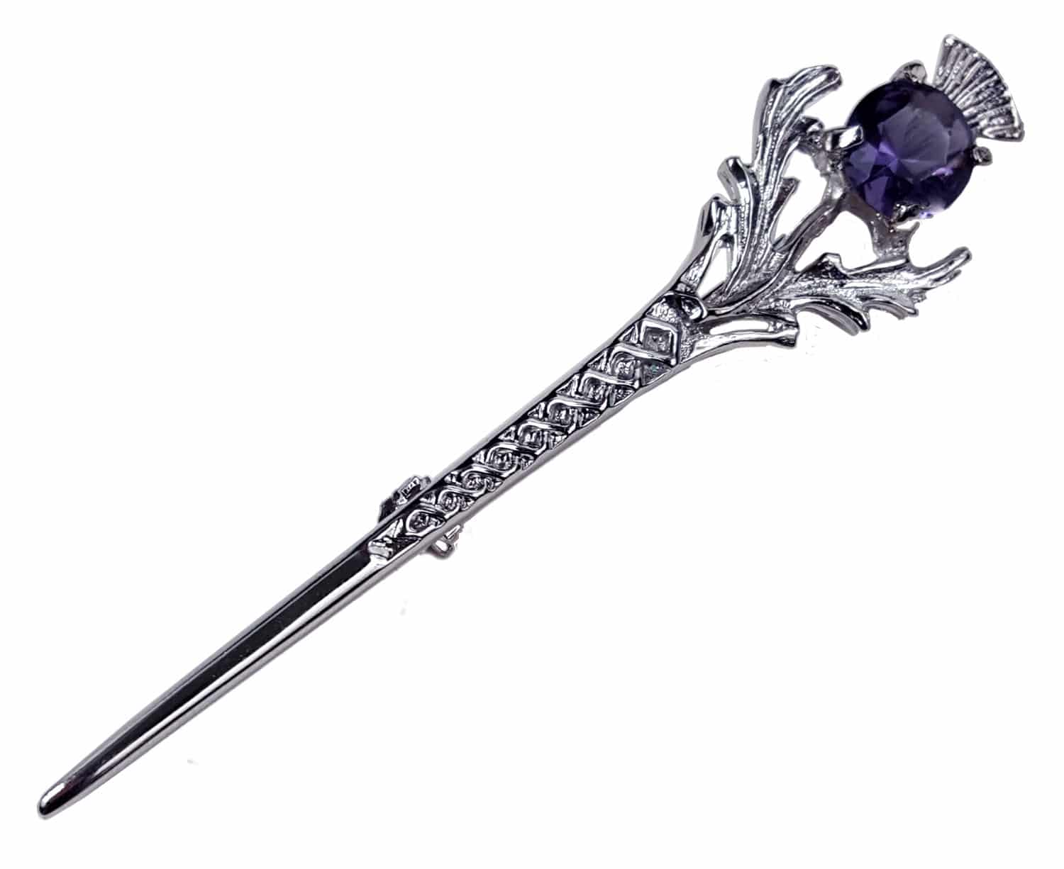 A thistle topped kilt pin with a purple amethyst for the thistle flower