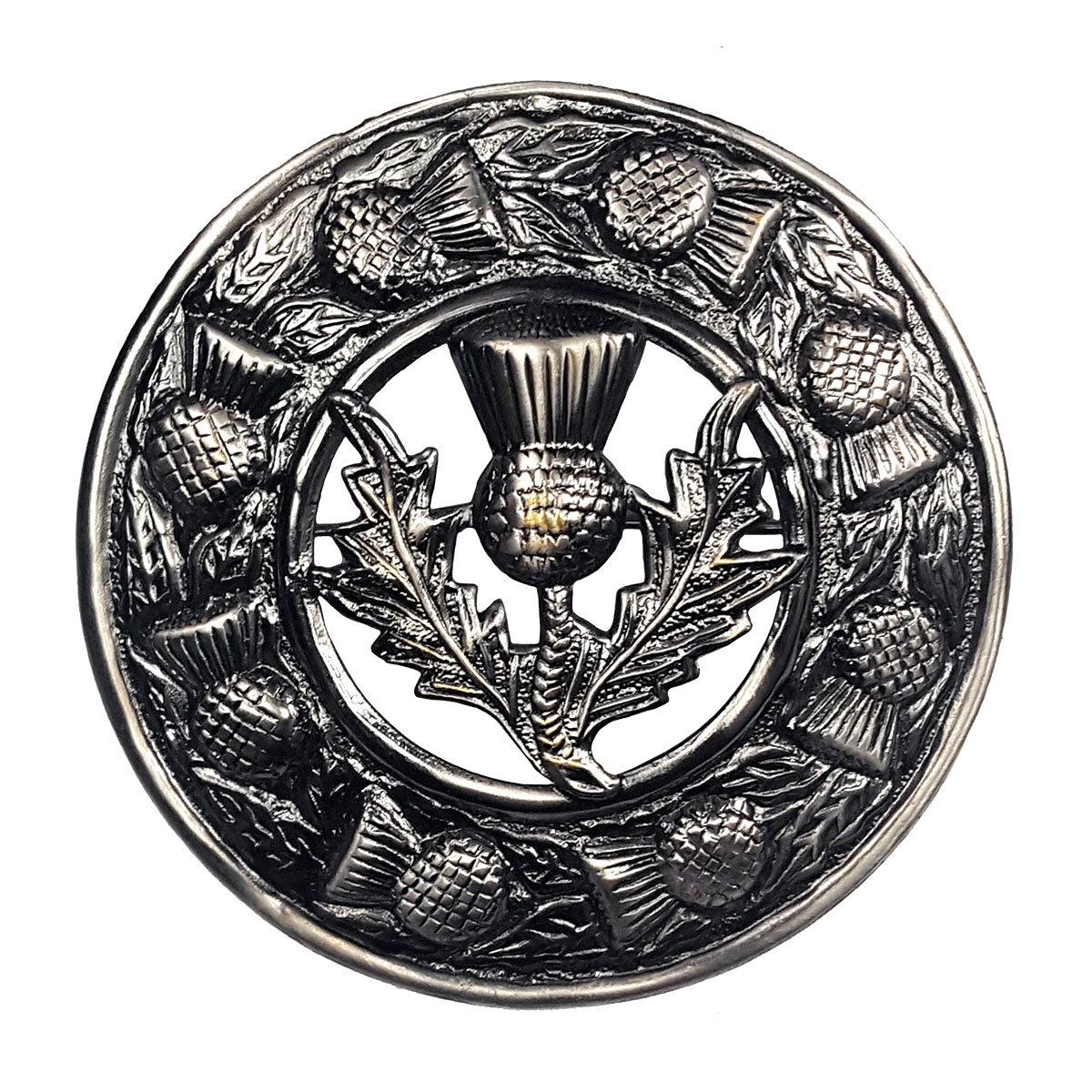 Scottish Men's Thistle Fly Plaid Brooch Brass Antique 7 cm Black Finish 3" 