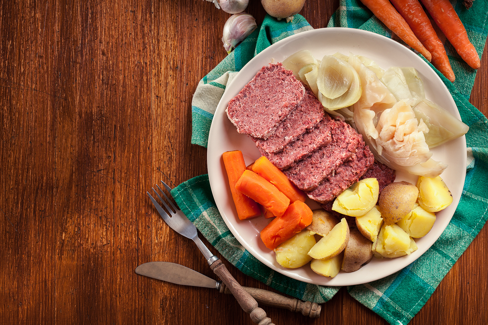 Corned beef and cabbage with potatoes and carrots on St Patrick's Day