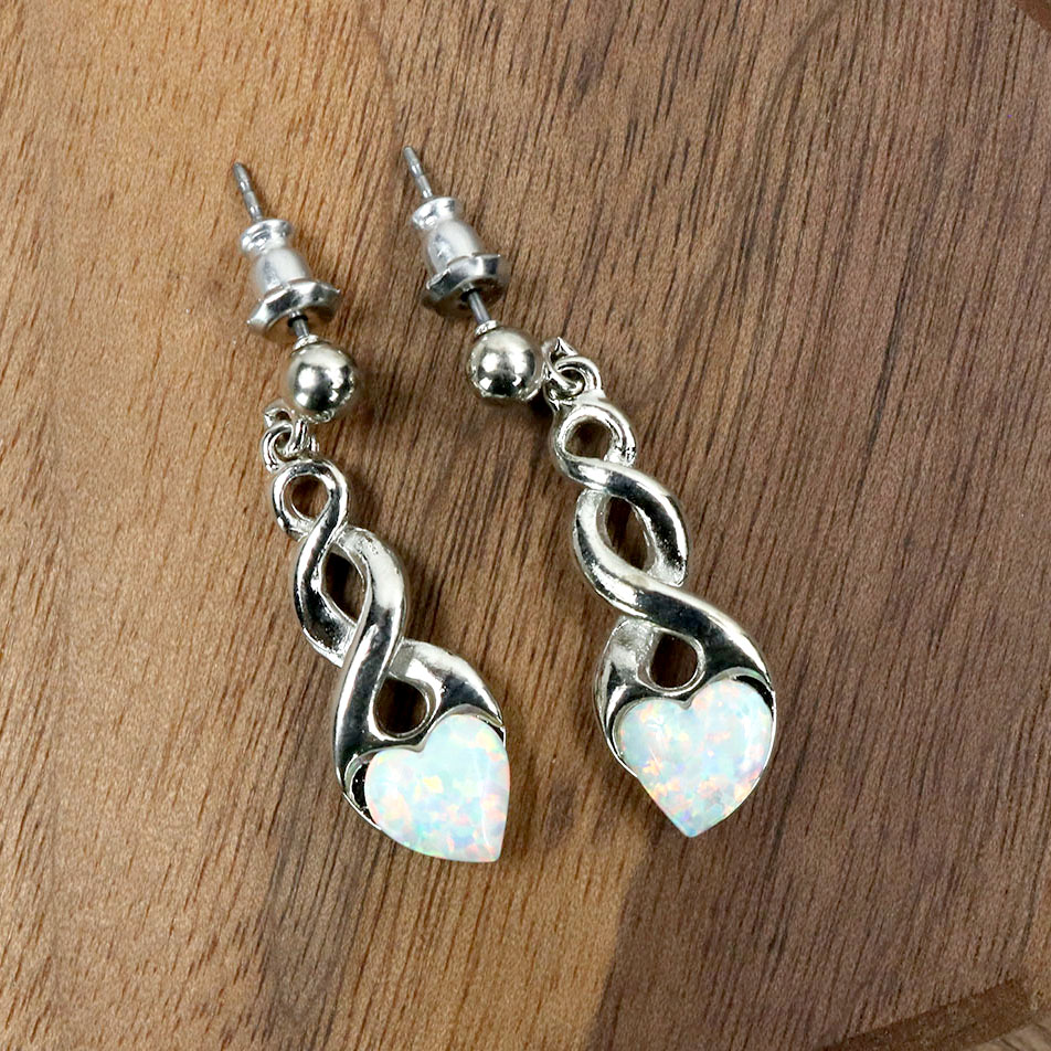 Sterling Silver Celtic Knot Opal Heart Drop Earrings