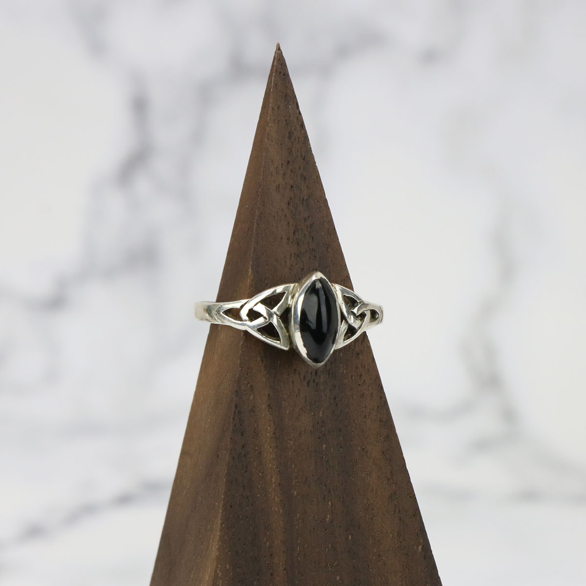 Marquise Simulated Black Onyx Celtic Triquetra Knot Ring Sterling Silver Band Sizes 5-9 
