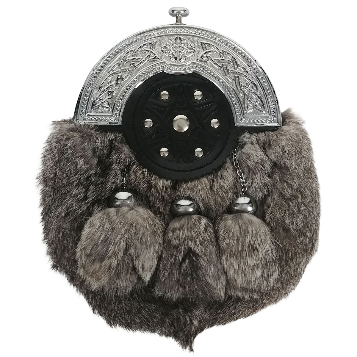 Scottish Semi Dress Grey Rabbit Fur Kilt Sporran with Chain Belt.Masonic Badge.