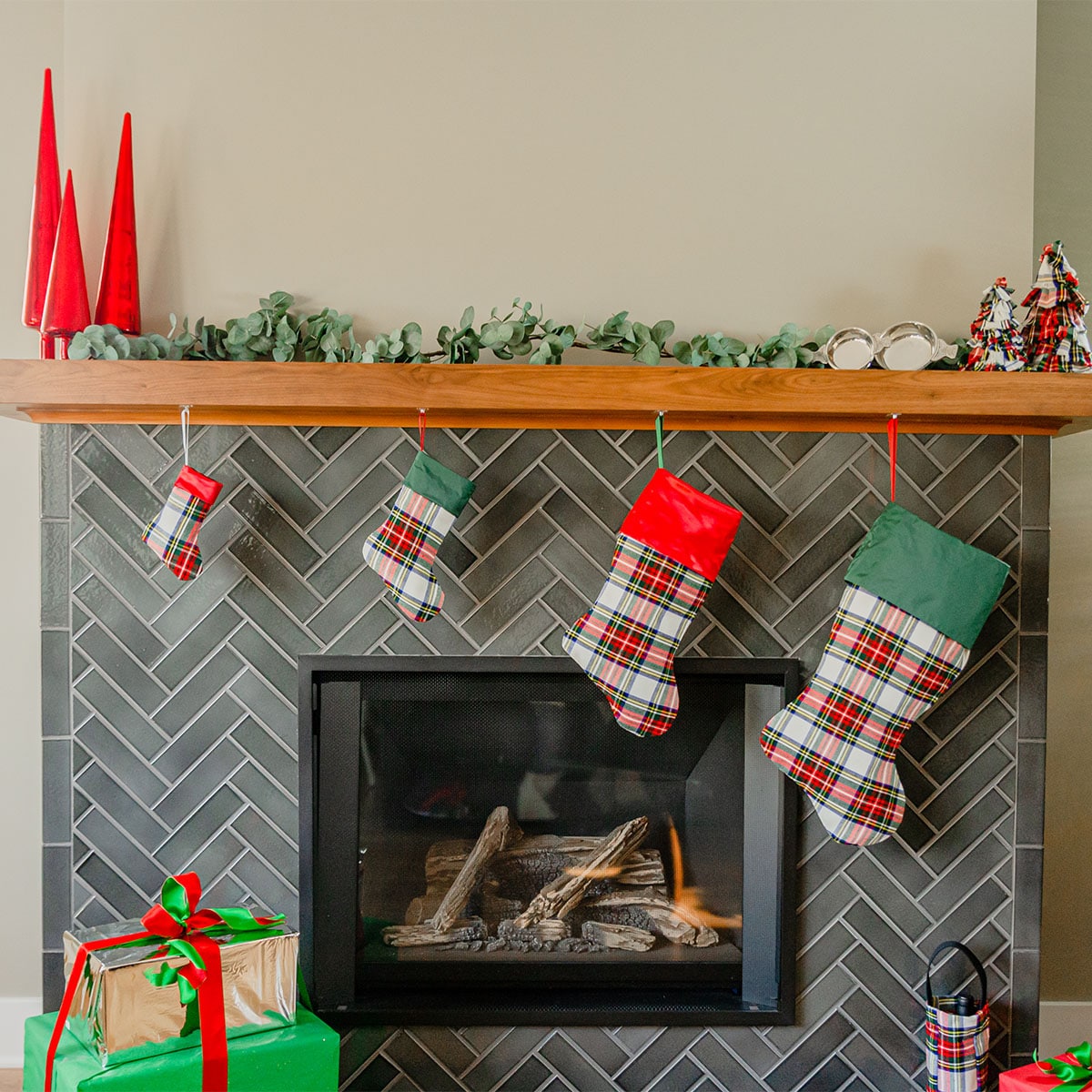 Tartan Christmas decorations. Tartan Stockings hung on a mantle.
