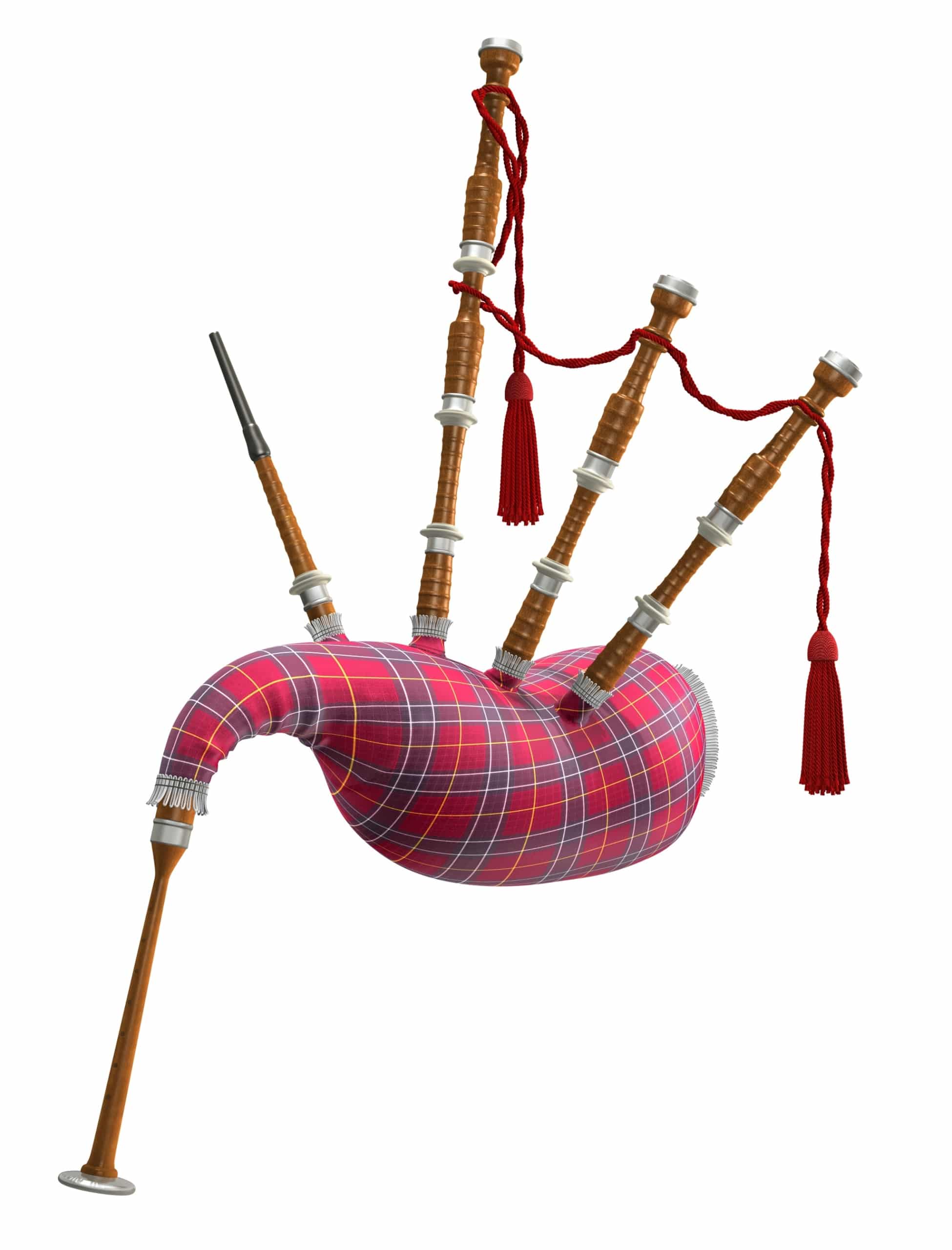 A red tartan bagpipe isolated on a white background