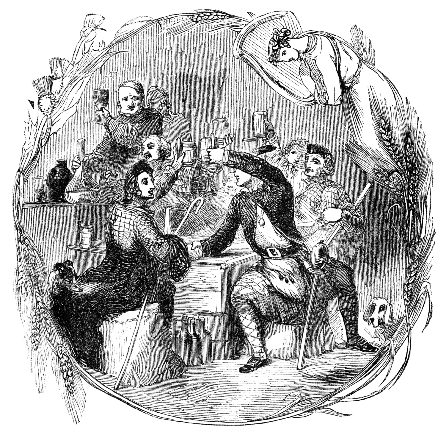 An old etched illustration of a Burns Night celebration.